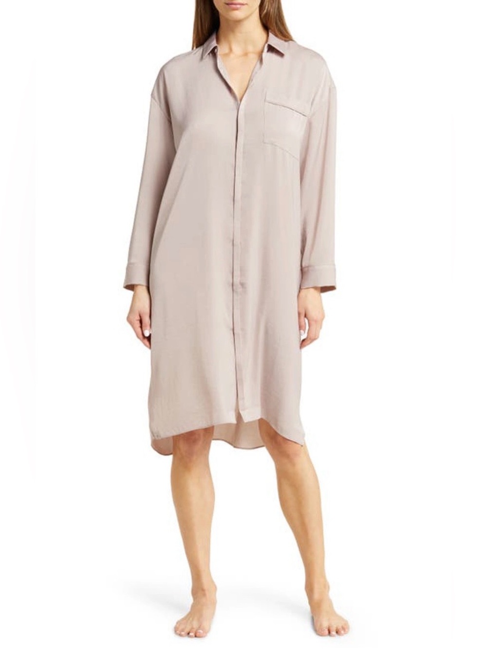 Barefoot Dreams Satin Dusty Mauve Relaxed Longline Nightshirt Button down Small
